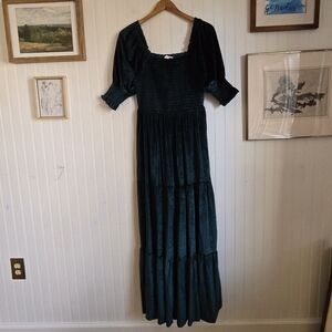 Baltic Born Dark Green Velvet Tiered Puff Sleeve Maxi Dress Gown - Women